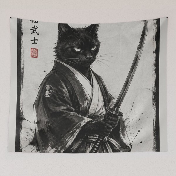 Item preview, Japanese Black Cat Ninja Samurai Katana Sumi-e Ink Wash Art designed and sold by GrinGalore.