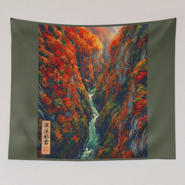 Item preview, Ukiyo-e Autumn Canyon Emerald River Art designed and sold by conohitoAI-ArtGallery.