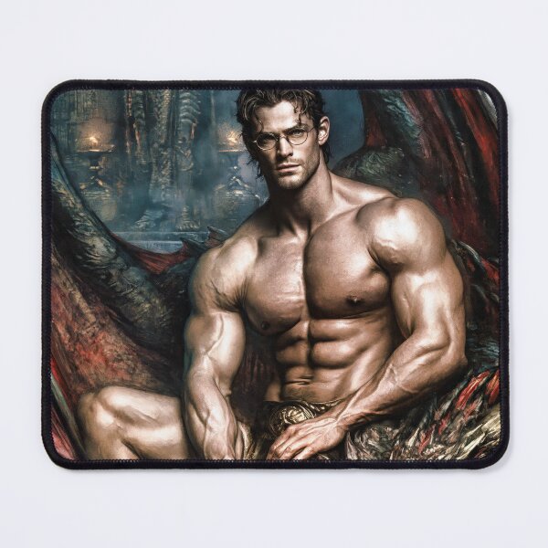 Item preview, Muscular Man with Glasses Seated on Dragon in Stone Hall designed and sold by JaimeLikes.