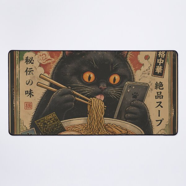 Item preview, Japanese Black Cat Smartphone Ramen Vintage Ukiyo-e Woodcut Kawaii Cat Anime Art designed and sold by GrinGalore.