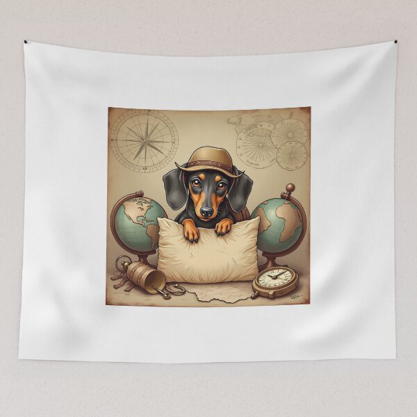 Artikelvorschau, Vintage-Dackel-Explorer-Hund mit Globus und Kompass entworfen und verkauft von PawsStudioAU.