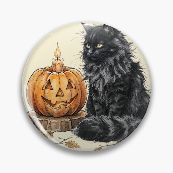 Item preview, Fluffy Black Cat with Pumpkin Candle Halloween Watercolor designed and sold by BreezifyDesignStudio.