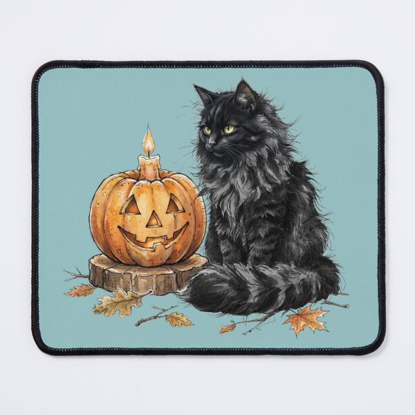 Item preview, Fluffy Black Cat with Pumpkin Candle Halloween Watercolor designed and sold by BreezifyDesignStudio.