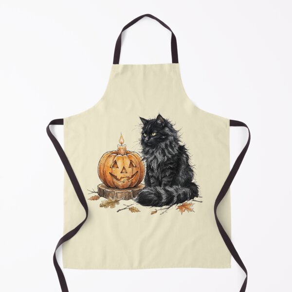 Item preview, Fluffy Black Cat with Pumpkin Candle Halloween Watercolor designed and sold by BreezifyDesignStudio.
