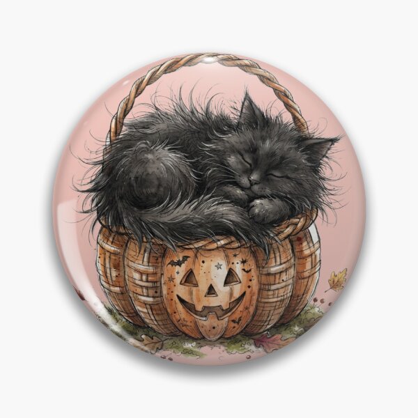 Item preview, Fluffy Black Cat Sleeping in Pumpkin Basket Halloween Watercolor designed and sold by BreezifyDesignStudio.