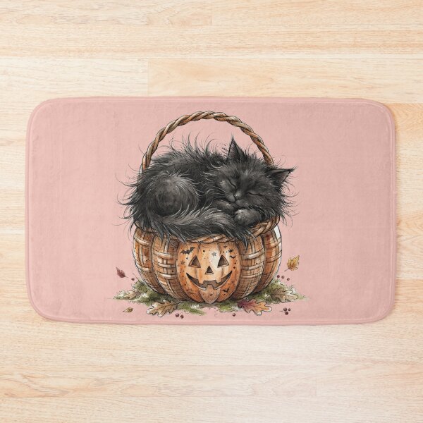 Item preview, Fluffy Black Cat Sleeping in Pumpkin Basket Halloween Watercolor designed and sold by BreezifyDesignStudio.