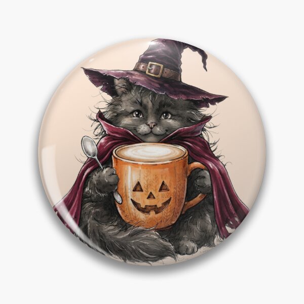 Item preview, Fluffy Cat Witch Drinking Pumpkin Spice Latte Halloween Watercolor designed and sold by BreezifyDesignStudio.