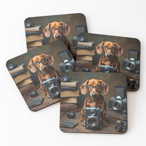Item preview, DACHSHUND PHOTOGRAPHER DOG WITH VINTAGE CAMERA AND GLASSES designed and sold by PawsStudioAU.