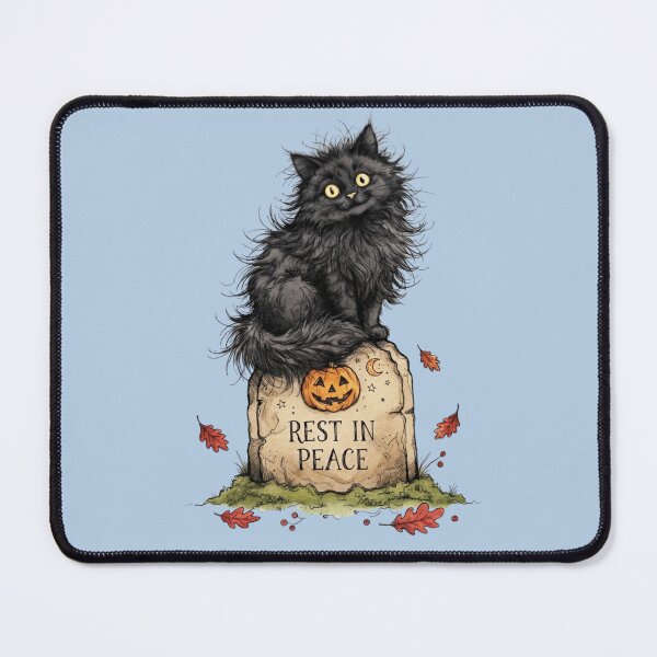 Item preview, Fluffy Black Cat on Rest In Peace Tombstone Halloween Watercolor designed and sold by BreezifyDesignStudio.