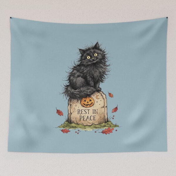 Item preview, Fluffy Black Cat on Rest In Peace Tombstone Halloween Watercolor designed and sold by BreezifyDesignStudio.