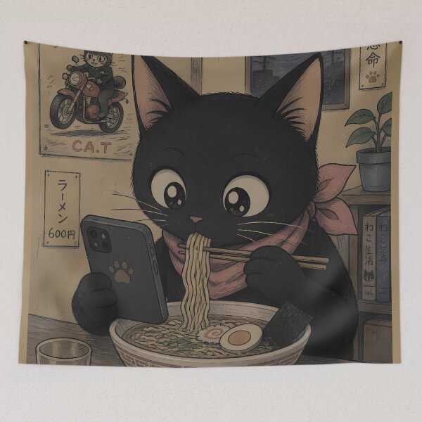 Item preview, Black Cat Ramen Retro Japanese 1990s Nostalgia Anime Kawaii designed and sold by GrinGalore.