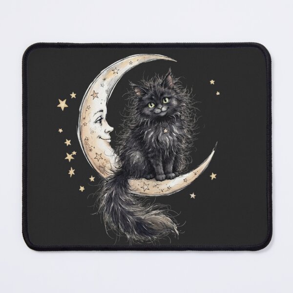 Item preview, Fluffy Black Cat Sitting on Smiling Crescent Moon Celestial Art designed and sold by BreezifyDesignStudio.