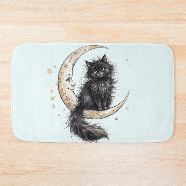 Item preview, Fluffy Black Cat Sitting on Smiling Crescent Moon Celestial Art designed and sold by BreezifyDesignStudio.