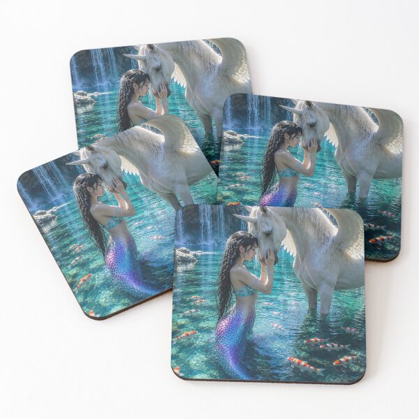 Item preview, Mermaid and White Winged Unicorn – Enchanted Fantasy Waterfall Kingdom designed and sold by Bhaskar Digital Art.