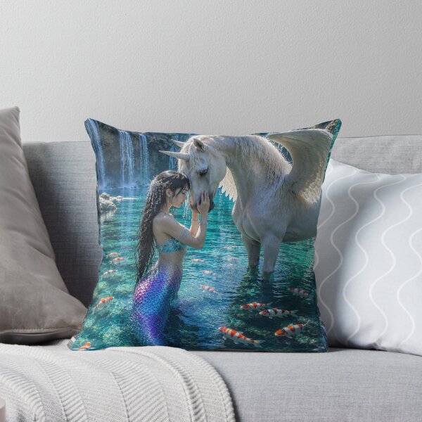 Item preview, Mermaid and White Winged Unicorn – Enchanted Fantasy Waterfall Kingdom designed and sold by Bhaskar Digital Art.