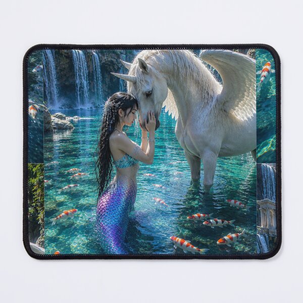 Item preview, Mermaid and White Winged Unicorn – Enchanted Fantasy Waterfall Kingdom designed and sold by Bhaskar Digital Art.