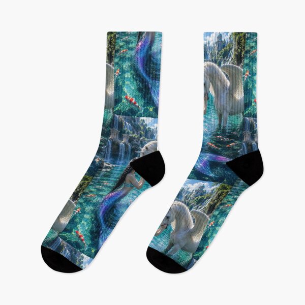 Item preview, Mermaid and White Winged Unicorn – Enchanted Fantasy Waterfall Kingdom designed and sold by Bhaskar Digital Art.
