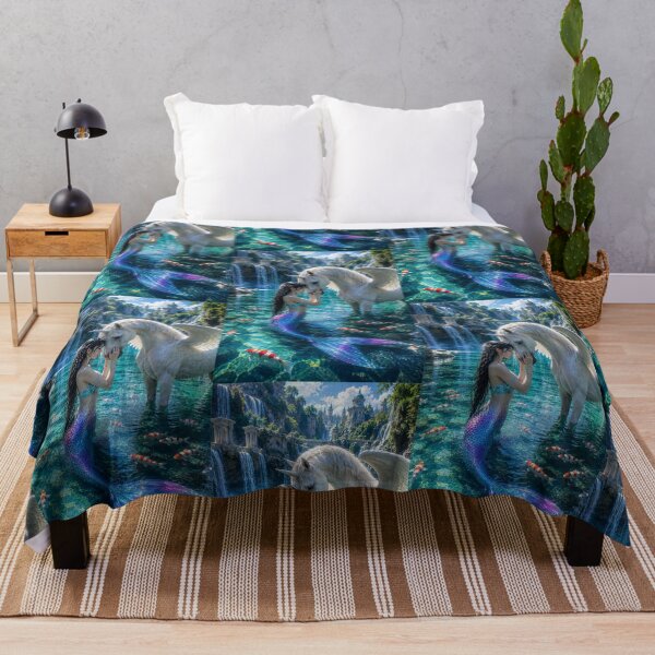 Item preview, Mermaid and White Winged Unicorn – Enchanted Fantasy Waterfall Kingdom designed and sold by Bhaskar Digital Art.