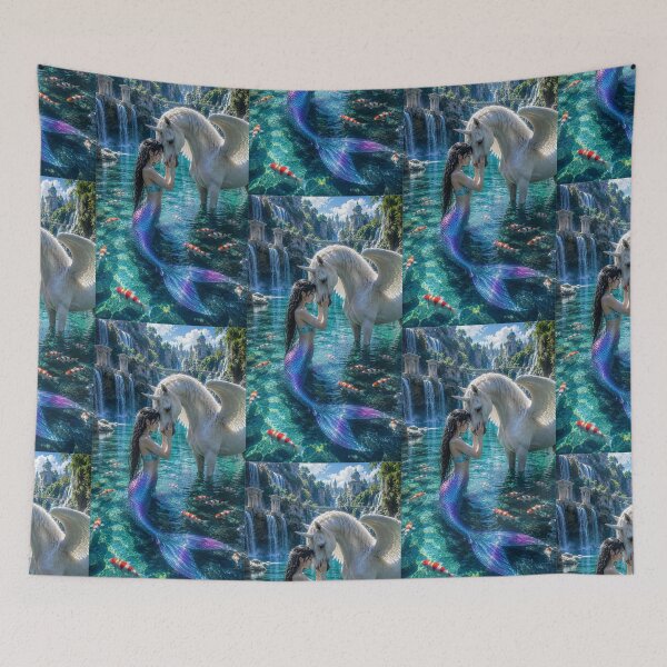 Item preview, Mermaid and White Winged Unicorn – Enchanted Fantasy Waterfall Kingdom designed and sold by Bhaskar Digital Art.