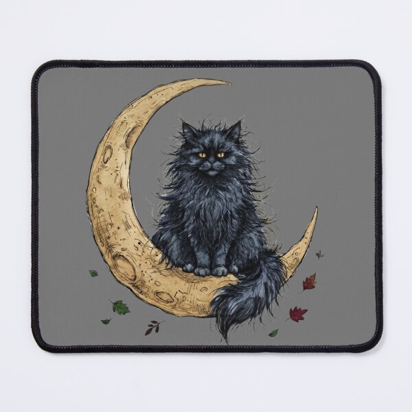 Item preview, Fluffy Black Cat on Rustic Crescent Moon Autumn Fall Art designed and sold by BreezifyDesignStudio.