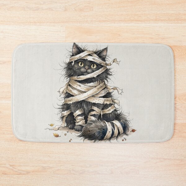 Item preview, Cute Fluffy Black Cat Wrapped as Mummy Halloween Watercolor designed and sold by BreezifyDesignStudio.