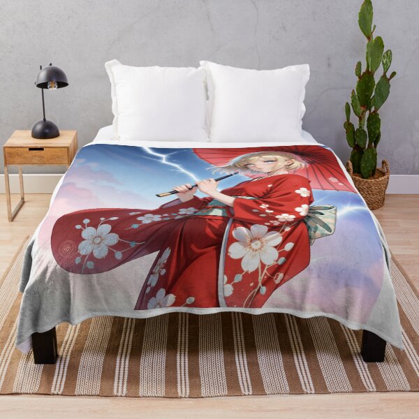 Item preview, Red Sakura Kimono Anime Girl with Japanese Parasol Celestial Storm designed and sold by Killington.