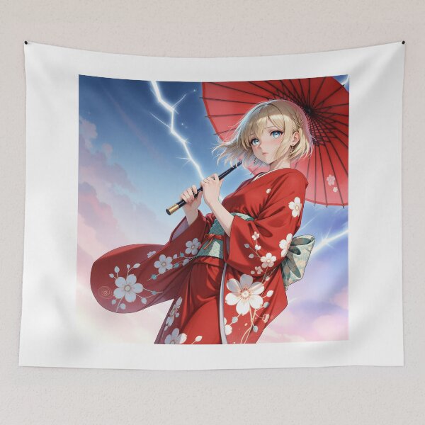 Item preview, Red Sakura Kimono Anime Girl with Japanese Parasol Celestial Storm designed and sold by Killington.