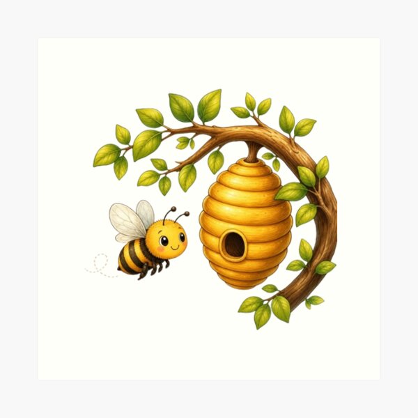 Item preview, Cute Bee and Beehive Branch Cartoon Illustration designed and sold by @VIRAT DESIGNER@.