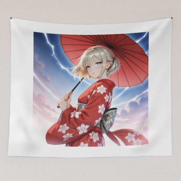 Item preview, Red Sakura Kimono Anime Girl with Parasol Lightning Sky Fantasy designed and sold by Killington.