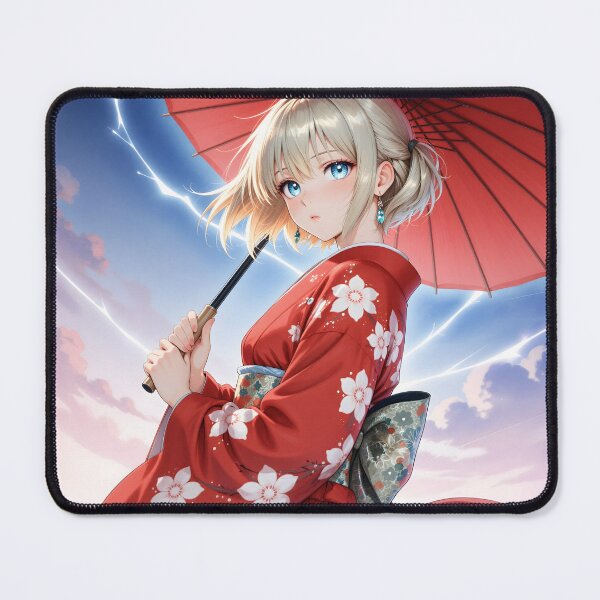 Item preview, Red Sakura Kimono Anime Girl with Parasol Lightning Sky Fantasy designed and sold by Killington.