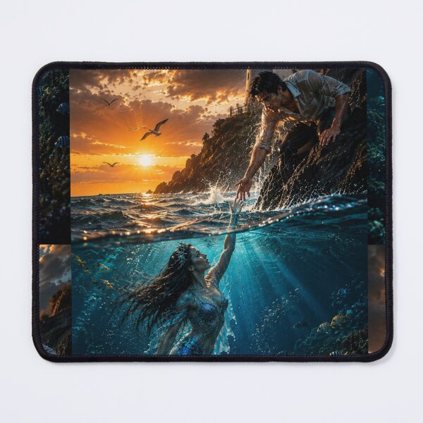 Item preview, Mermaid Rescue at Sunset – Epic Lighthouse Ocean Fantasy Art designed and sold by Bhaskar Digital Art.