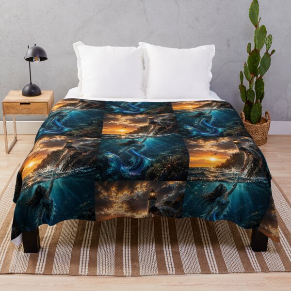 Item preview, Mermaid Rescue at Sunset – Epic Lighthouse Ocean Fantasy Art designed and sold by Bhaskar Digital Art.