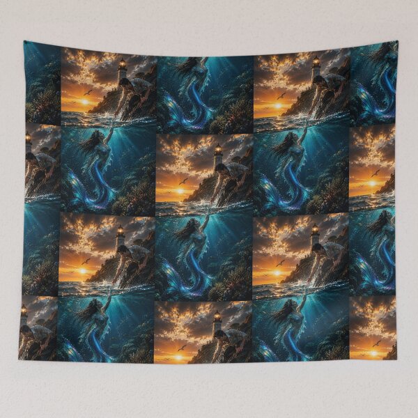 Item preview, Mermaid Rescue at Sunset – Epic Lighthouse Ocean Fantasy Art designed and sold by Bhaskar Digital Art.