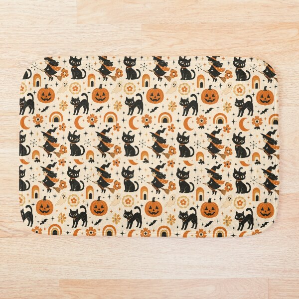 Item preview, Cute Vintage Halloween Witch and Black Cat Seamless Pattern designed and sold by Patternpulseee.
