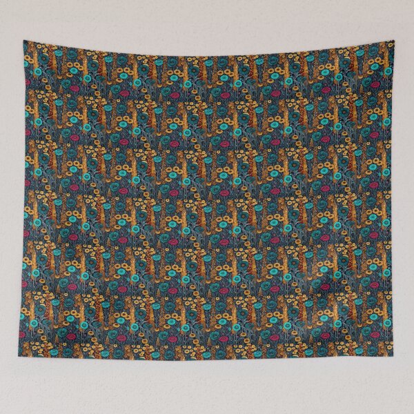 Item preview, Vibrant Teal and Gold Gothic Floral Botanical Illustration on Dark Background designed and sold by Freedom Line Studio.