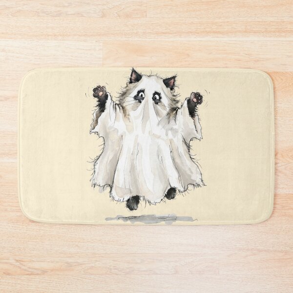 Item preview, Funny Fluffy Black Cat Sheet Ghost Boo Halloween Watercolor designed and sold by BreezifyDesignStudio.