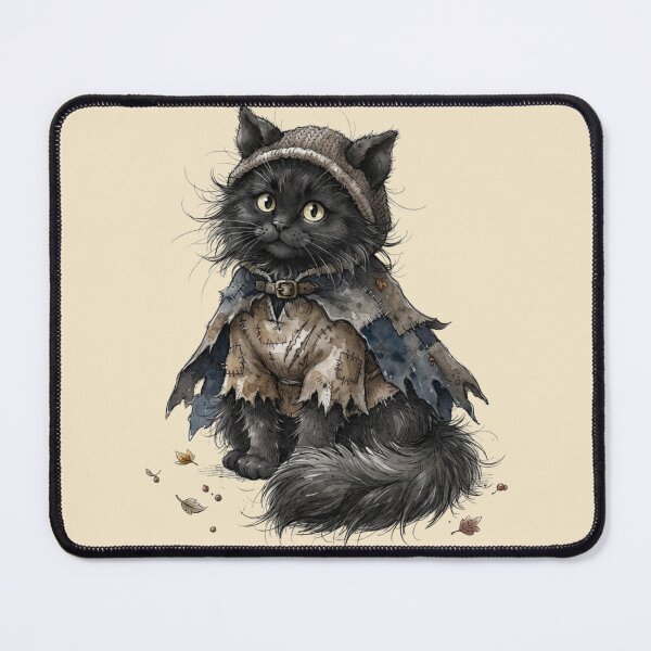 Item preview, Fluffy Black Cat in Tattered Cloak and Knit Beanie Autumn Art designed and sold by BreezifyDesignStudio.