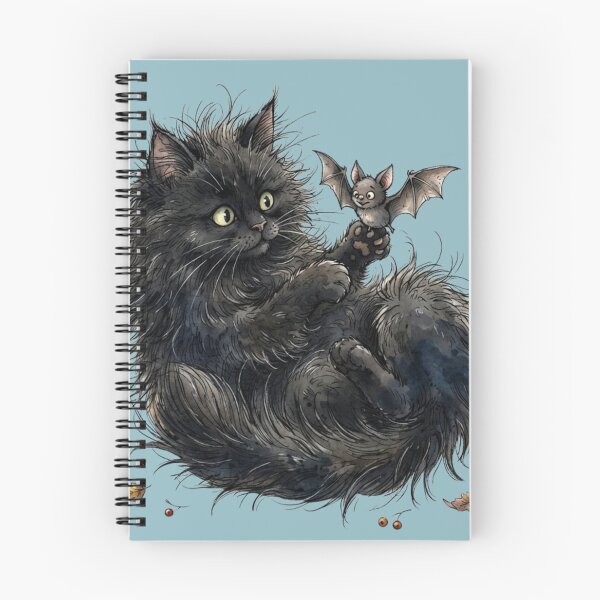 Item preview, Fluffy Black Cat Playing with Cute Bat Halloween Watercolor designed and sold by BreezifyDesignStudio.