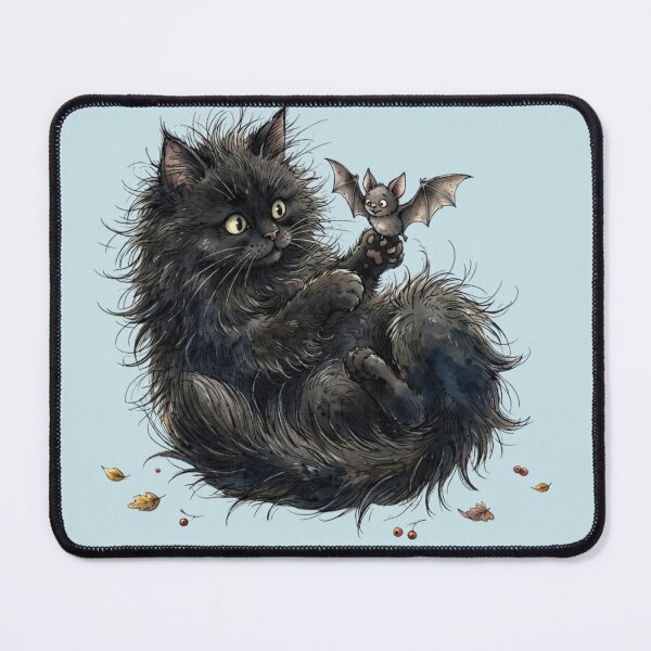Item preview, Fluffy Black Cat Playing with Cute Bat Halloween Watercolor designed and sold by BreezifyDesignStudio.