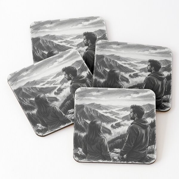 Item preview, Charcoal Mountain View – two hikers in the wide valley with a calm horizon designed and sold by FotoworldEdel.