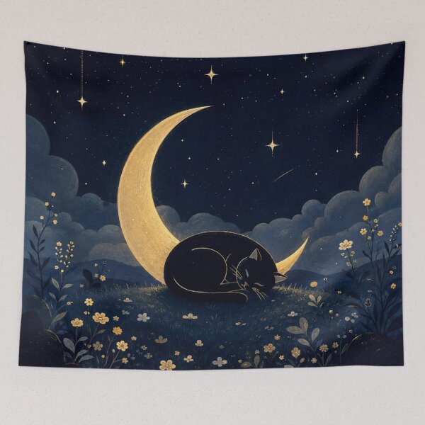Item preview, Black Cat Under Crescent Moon | Celestial Night Sky Cat designed and sold by AbstractAuraArt.