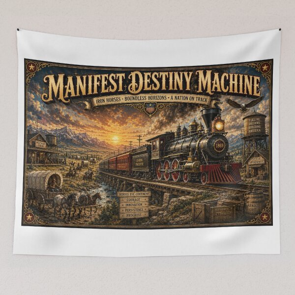 Item preview, Manifest Destiny Machine – Vintage American Steam Railroad Poster designed and sold by ASABCreative.