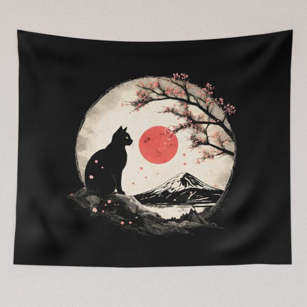 Item preview, Cat Under Red Moon Sakura Night designed and sold by TeeVelora.