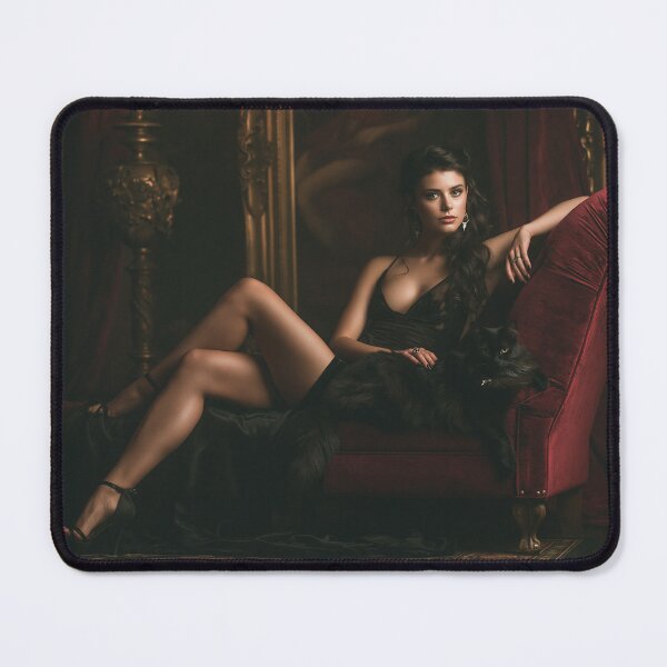 Item preview, Brunette in Black Lingerie with Black Cat on Velvet Chaise | Dark Pin-Up for Man Cave designed and sold by Synth Seduction.
