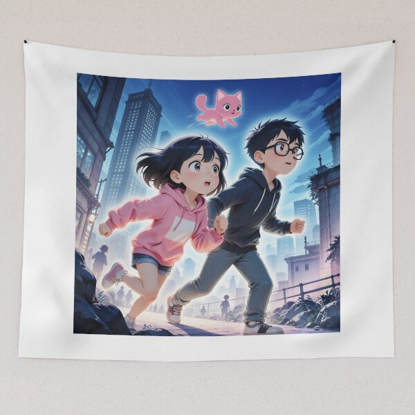 Item preview, Anime Couple Running With Pink Cat Magical City Adventure designed and sold by Killington.