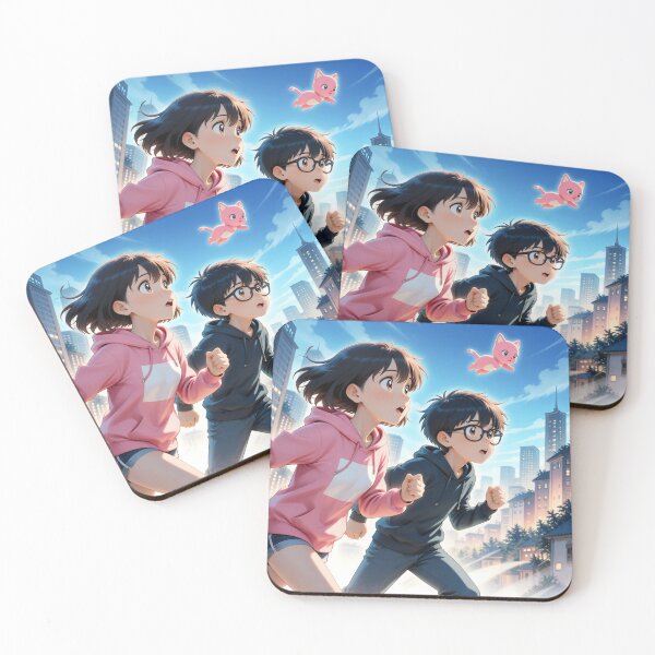 Item preview, Anime Duo Chasing a Flying Pink Cat Through the City designed and sold by Killington.