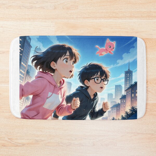 Item preview, Anime Duo Chasing a Flying Pink Cat Through the City designed and sold by Killington.