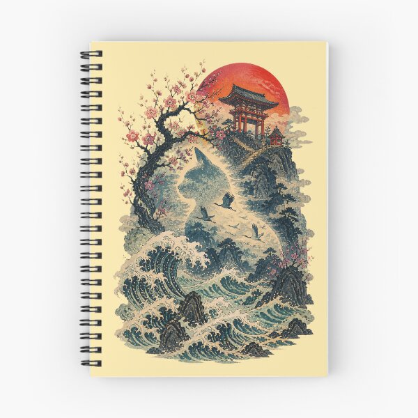 Item preview, Japanese Cat Wave Temple Vintage Ukiyo-e Cherry Blossom Art designed and sold by SVox.