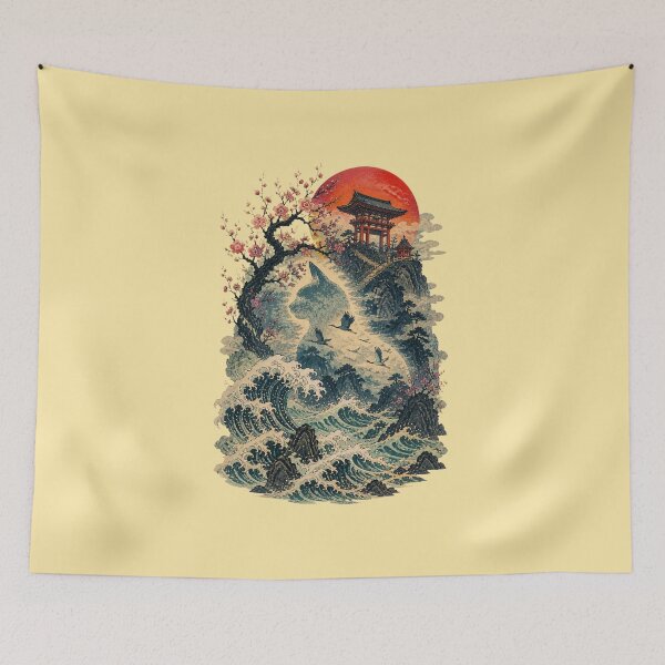 Item preview, Japanese Cat Wave Temple Vintage Ukiyo-e Cherry Blossom Art designed and sold by SVox.