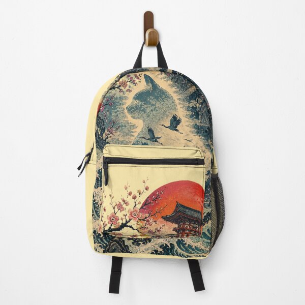 Item preview, Japanese Cat Wave Temple Vintage Ukiyo-e Cherry Blossom Art designed and sold by SVox.